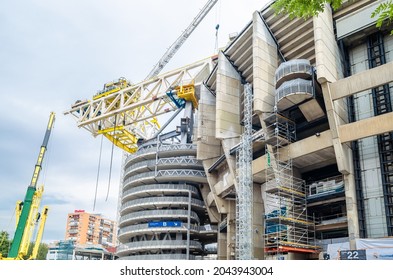 MADRID, SPAIN - SEPTEMBER 13, 2021: Cranes In The Renovation Works Of The Santiago Bernabéu Stadium, Home Of Real Madrid