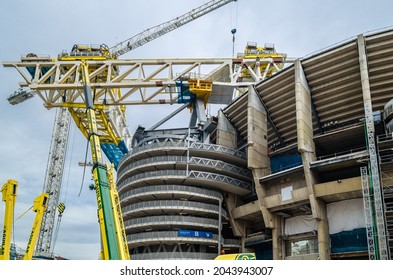 MADRID, SPAIN - SEPTEMBER 13, 2021: Cranes In The Renovation Works Of The Santiago Bernabéu Stadium, Home Of Real Madrid