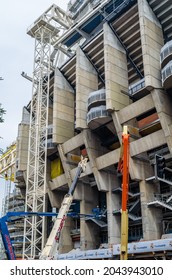 MADRID, SPAIN - SEPTEMBER 13, 2021: Cranes In The Renovation Works Of The Santiago Bernabéu Stadium, Home Of Real Madrid