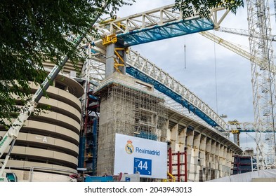 MADRID, SPAIN - SEPTEMBER 13, 2021: Cranes In The Renovation Works Of The Santiago Bernabéu Stadium, Home Of Real Madrid