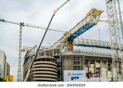 MADRID, SPAIN - SEPTEMBER 13, 2021: Cranes In The Renovation Works Of The Santiago Bernabéu Stadium, Home Of Real Madrid