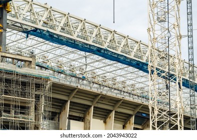 MADRID, SPAIN - SEPTEMBER 13, 2021: Cranes In The Renovation Works Of The Santiago Bernabéu Stadium, Home Of Real Madrid