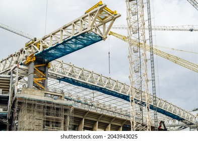 MADRID, SPAIN - SEPTEMBER 13, 2021: Cranes In The Renovation Works Of The Santiago Bernabéu Stadium, Home Of Real Madrid