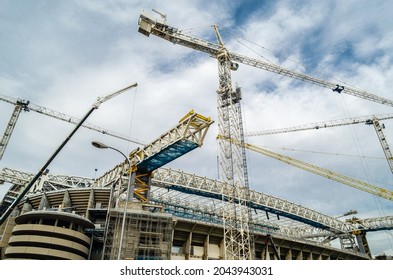 MADRID, SPAIN - SEPTEMBER 13, 2021: Cranes In The Renovation Works Of The Santiago Bernabéu Stadium, Home Of Real Madrid