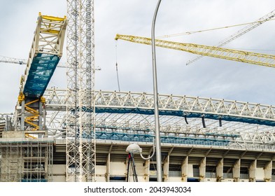 MADRID, SPAIN - SEPTEMBER 13, 2021: Cranes In The Renovation Works Of The Santiago Bernabéu Stadium, Home Of Real Madrid