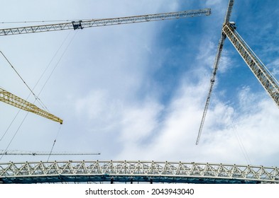 MADRID, SPAIN - SEPTEMBER 13, 2021: Cranes In The Renovation Works Of The Santiago Bernabéu Stadium, Home Of Real Madrid