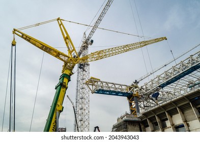 MADRID, SPAIN - SEPTEMBER 13, 2021: Cranes In The Renovation Works Of The Santiago Bernabéu Stadium, Home Of Real Madrid