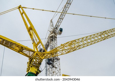 MADRID, SPAIN - SEPTEMBER 13, 2021: Cranes In The Renovation Works Of The Santiago Bernabéu Stadium, Home Of Real Madrid