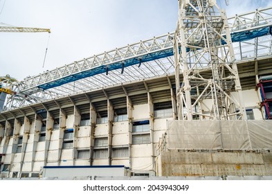 MADRID, SPAIN - SEPTEMBER 13, 2021: Cranes In The Renovation Works Of The Santiago Bernabéu Stadium, Home Of Real Madrid