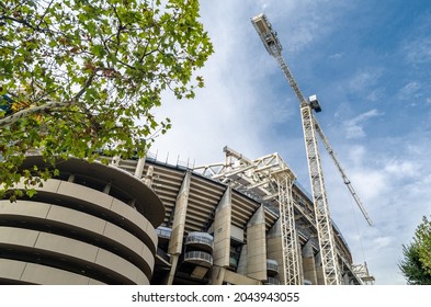 MADRID, SPAIN - SEPTEMBER 13, 2021: Cranes In The Renovation Works Of The Santiago Bernabéu Stadium, Home Of Real Madrid