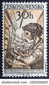 MADRID, SPAIN - SEPTEMBER 15, 2022. Vintage Stamp Printed In Czechoslovakia Shows Telephone Operator, Conference Of Ministers Of Communications