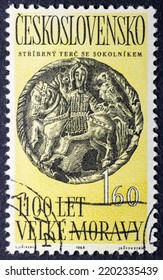 MADRID, SPAIN - SEPTEMBER 15, 2022. Vintage Stamp Printed In Czechoslovakia Shows Falconer, 9th Cent. Silver Disk