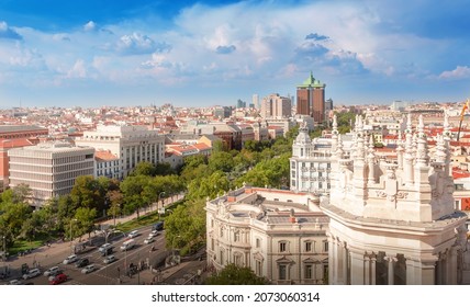 Madrid, Spain - September 19, 2019: Panorama of Madrid. Paseo de la Castellana.  