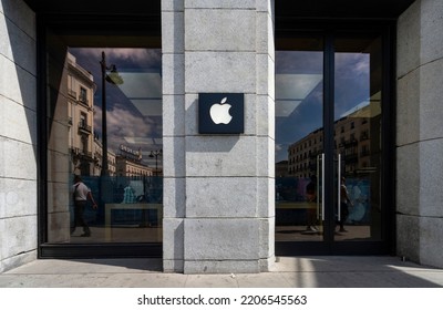 Madrid, Spain, September 2022.  The Logo On The Wall Out Of The Apple Brand Shop In The City Center