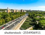 Madrid, Spain, September 23, 2016: Cityscape view from Teleferico cable car  with the highway M30 leading in the  tunnel under  downtown