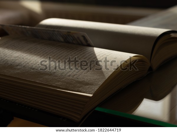 Madrid,\
Spain, September 26, 2020: An open book, with a page divider and\
bathed in a beautiful light, peace and\
serenity