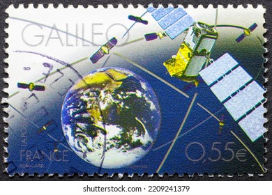 MADRID, SPAIN - SEPTEMBER 27, 2022. Vintage Stamp Printed In France Shows Galileo A Global Navigation Satellite System (GNSS), Created By The European Union Through The European Space Agency (ESA)