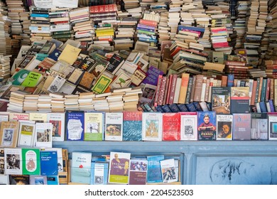 Madrid, Spain - September 9, 2022: Stacks Of Used Books On Sale In Famous Book Stalls Of Cuesta De Moyano