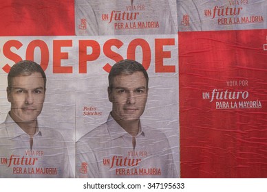 MADRID, SPAIN-DECEMBER 4, 2015: Political Campaign Posters Depicting Oposition Leader Pedro Sanchez On The Kickoff To The 2015 Elections.