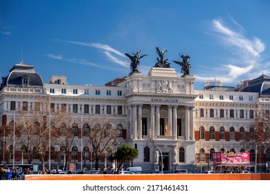 Madrid, Spain-FEB 17, 2022: The Palace of Fomento, also known as the Ministry of Agriculture Building, is a nineteenth-century office building in Madrid, Spain.