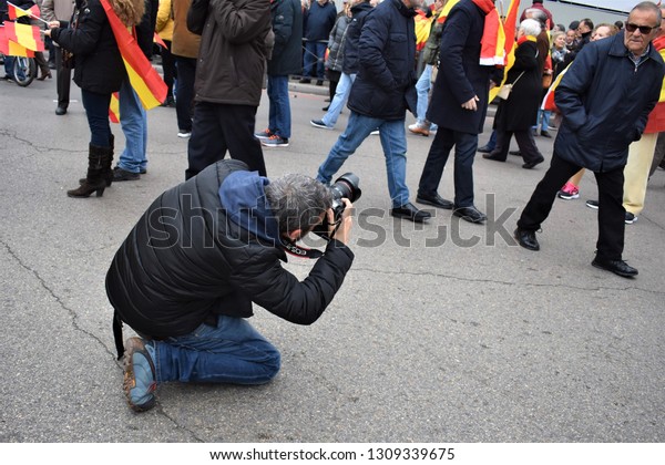 Madrid/Spain. February 10/2019. A\
photographer works documenting the protest against the cessions of\
the government to Catalan\
secessionism.