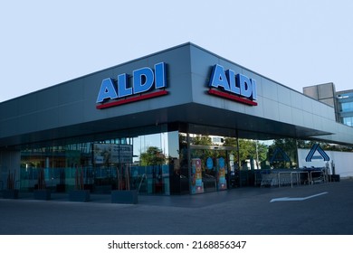 Madrid,SPAIN - JUNE 15, 2022: Aldi branch. Aldi is a leading global discount supermarket chain with nearly 10,000 stores in 18 countries.