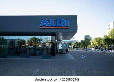 Madrid,SPAIN - JUNE 15, 2022: Aldi branch. Aldi is a leading global discount supermarket chain with nearly 10,000 stores in 18 countries.