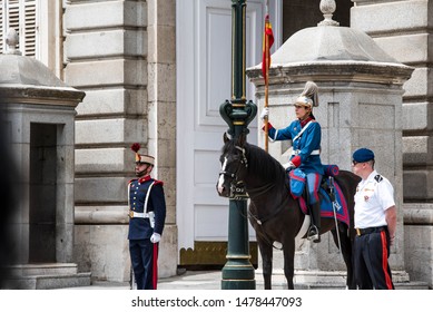 Madrid/Spain - May 26,2018 - Horse Man From The Spanish Royal Guard In Front Of The Royal Palace In Madrid