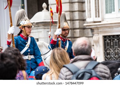 Madrid/Spain - May 26,2018 - Horse Man From The Spanish Royal Guard In Front Of The Royal Palace In Madrid