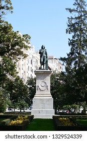 MADRID-SPAIN-FEB 19, 2019: Statue Of The Painter Bartolomé Esteban Murillo Is Located In The Plaza De Murillo, Between The Museo Del Prado And The Botanical Gardens.