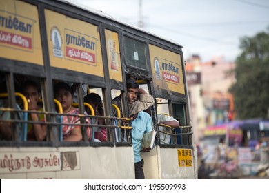 MADURAI, INDIA-FEBRUARY 15: Indian Bus 15, 2013 In Madurai, India. People In The Indian Bus.