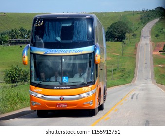 Mae Do Rio/Para/Brazil - May 04, 2013: Double Decker Bus From The Zanchettur Company Carrying Interstate Passenger Transportation On The BR-010 Highway