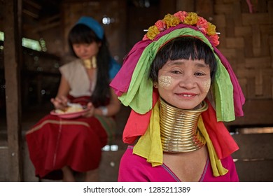 Mae Hong Son, Thailand, March 2012. Portrait of a Karen woman, also known as long-necked women because of the metal spiral they wear.
