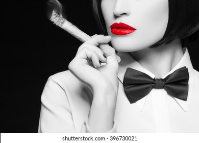 Mafia Woman With Cigar, Red Lips, Selective Coloring