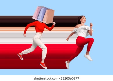 Magazine artwork template collage of two people run fast speed hurry for season shopping sale prepare bags shoppers on head