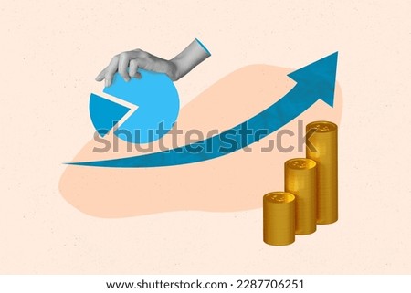 Magazine banner collage of business analysis on start up financial progress income earnings growth golden coins collection