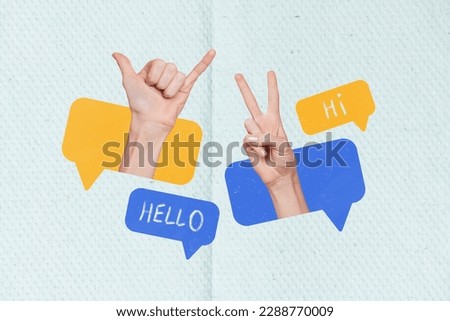magazine banner collage of two people have conversation start greeting with shaka v sign