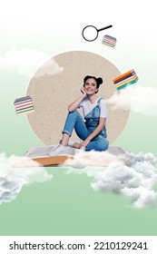 Magazine Collage Advert Of High School Lady Flying On Open Page Printed Dictionary On Painted Image Background