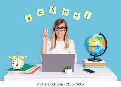 Magazine collage of clever little woman elearning use netbook make v sign sit table isolated on blue color background