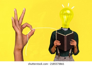 Magazine collage of human with light bulb face smart idea read novel huge hand pull string isolated yellow color background