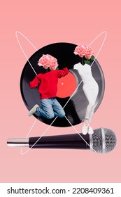 Magazine Collage Of Levitating Two People Youth Dancing On Karaoke Mic Isolated On Turntable Plate Background