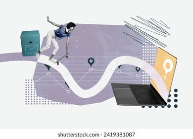 Magazine collage picture of excited lady delivering online orders modern device isolated drawing background - Powered by Shutterstock