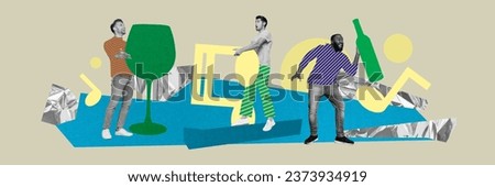 Magazine collage picture of funny carefree guys drinking alcohol enjoying disco isolated beige color background