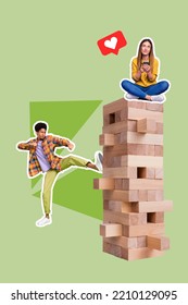 Magazine Collage Poster Of Two People Guy Try Damage Jenga Stack With Lady Using Media Gadget Return To Reality Concept