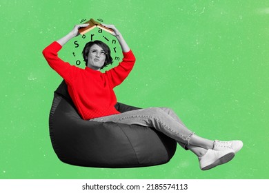 Magazine collage of upset high school lady read dictionary library search info science report isolated green color background - Shutterstock ID 2185574113
