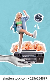 Magazine creative banner collage of youth lady hipster dance energetic tape recorder night club on floral background - Shutterstock ID 2256234899