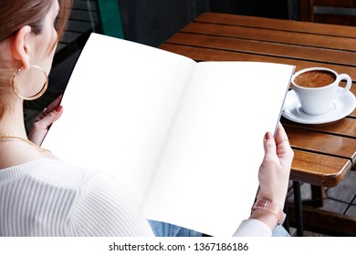 Magazine Mockup Women Hands On The Wooden Desk In Cafe Background