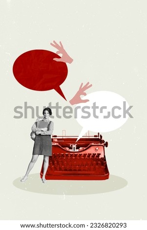 Magazine picture sketch collage image of smiling smart lady typing messages vintage writer empty space isolated creative background