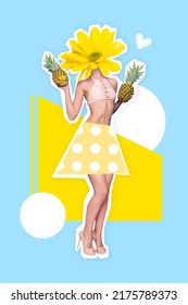 Magazine poster artwork collage of beautiful lady with plant face promote juicy exotic pineapples season nutrition vitamins