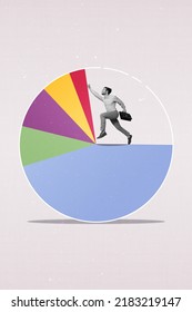 Magazine poster collage of financier guy run fast inside circle chart income data increase isolated draw color background